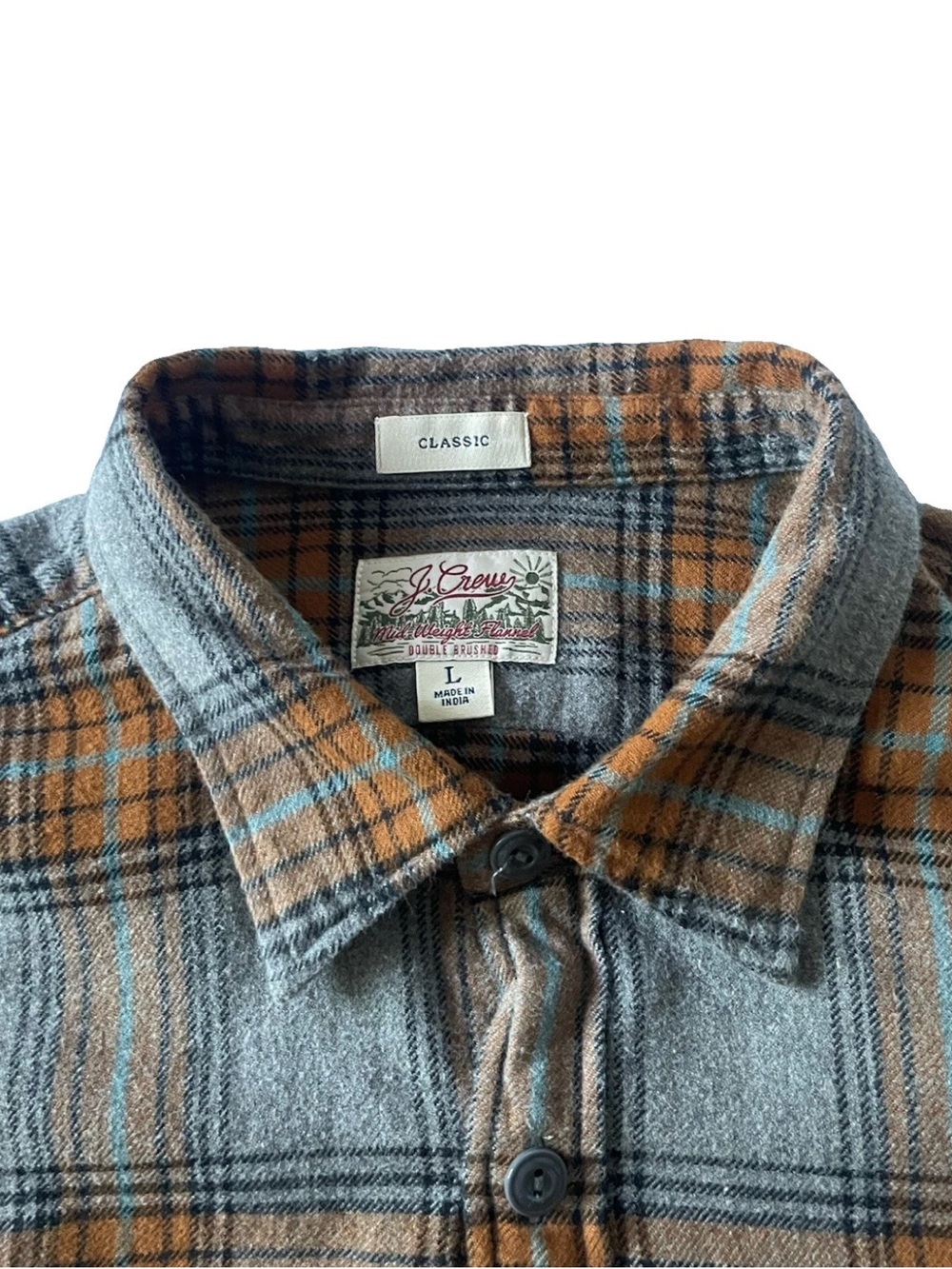 J.Crew Men's Large (L) Classic Fit Cotton Gray and Orange Plaid Flannel Shirt - Picture 5 of 9